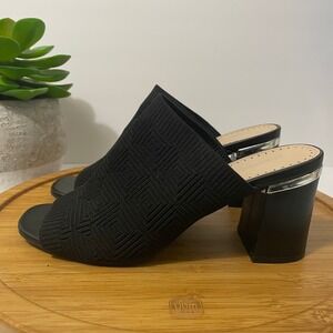 Adrienne Vittadini Aimie Knit Mules Open Toe Block Heel Sandal Slides Black‎ 7.5